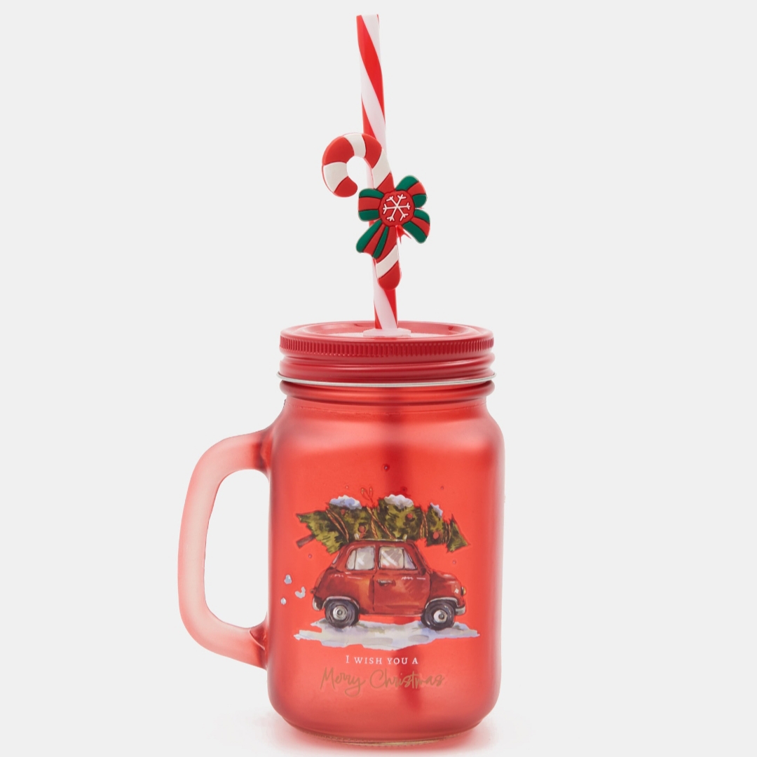 Karácsonyi üvegpohár Szívószállal – Piros, Autó Mintával