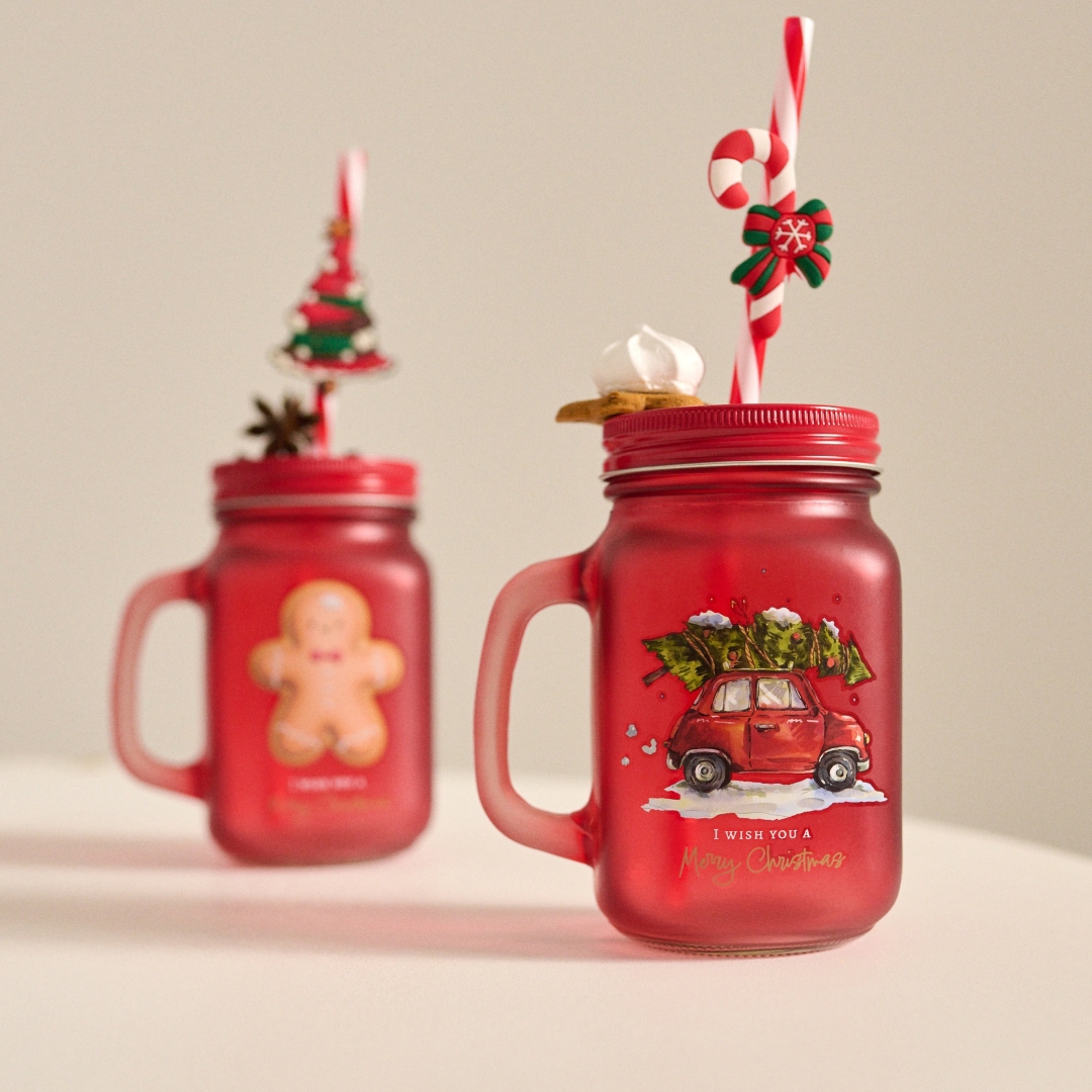 Karácsonyi üvegpohár Szívószállal – Piros, Autó Mintával