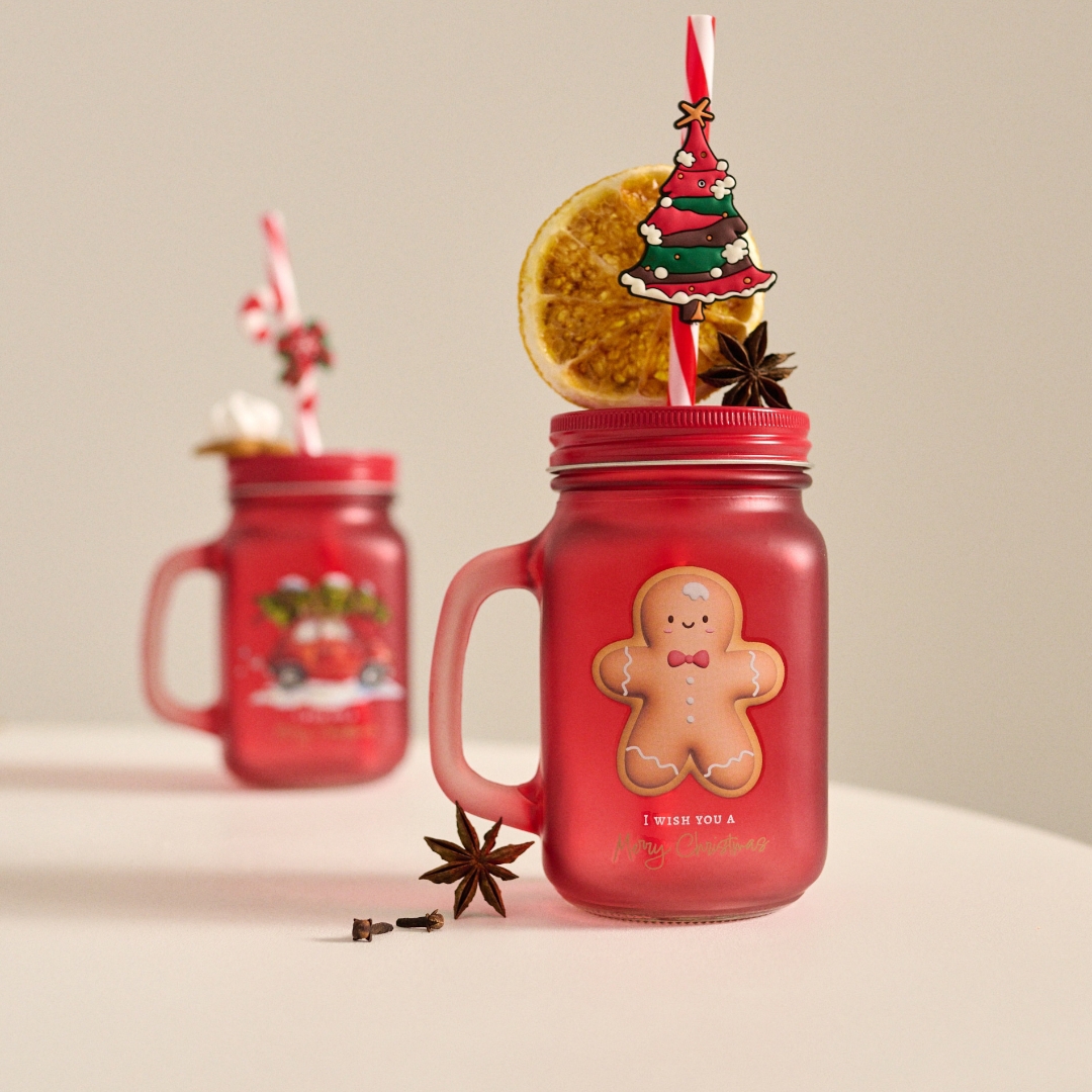 Karácsonyi üvegpohár Szívószállal – Piros, Mézeskalács Mintával